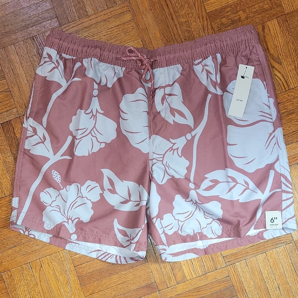 No Boundaries Mauve Floral Men's Swim Trunks Size Large 36-38 Nwt
